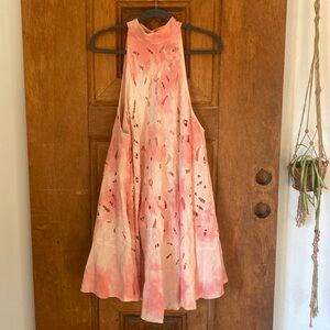 Free People eyelet trapeze mini dress linen blend pink tie dye large
